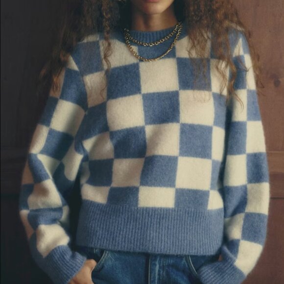 Sézane x Antoinette Poisson NWT Francois Jumper in Blue and Ecru Checks Size L - Picture 2 of 5
